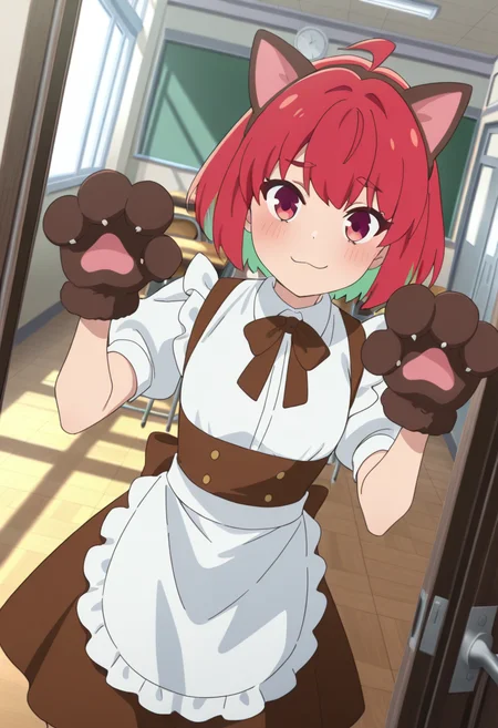 masterpiece,best quality,absurdres,perfect lighting,indoors,classroom,doorway,
*//*,<lora:HealerGirl_KanaFujii-Illustrious:1>,kana_fujii,1girl,solo,red hair,short hair,colored inner hair,red eyes,ahoge,brown dress,puffy sleeves,white shirt,puffy short sleeves,brown bow,waist apron,fake animal ears,cat ears,paw gloves,brown gloves,paw pose,
*//*,looking at viewer,cowboy shot,dutch angle,dynamic pose,light smile,