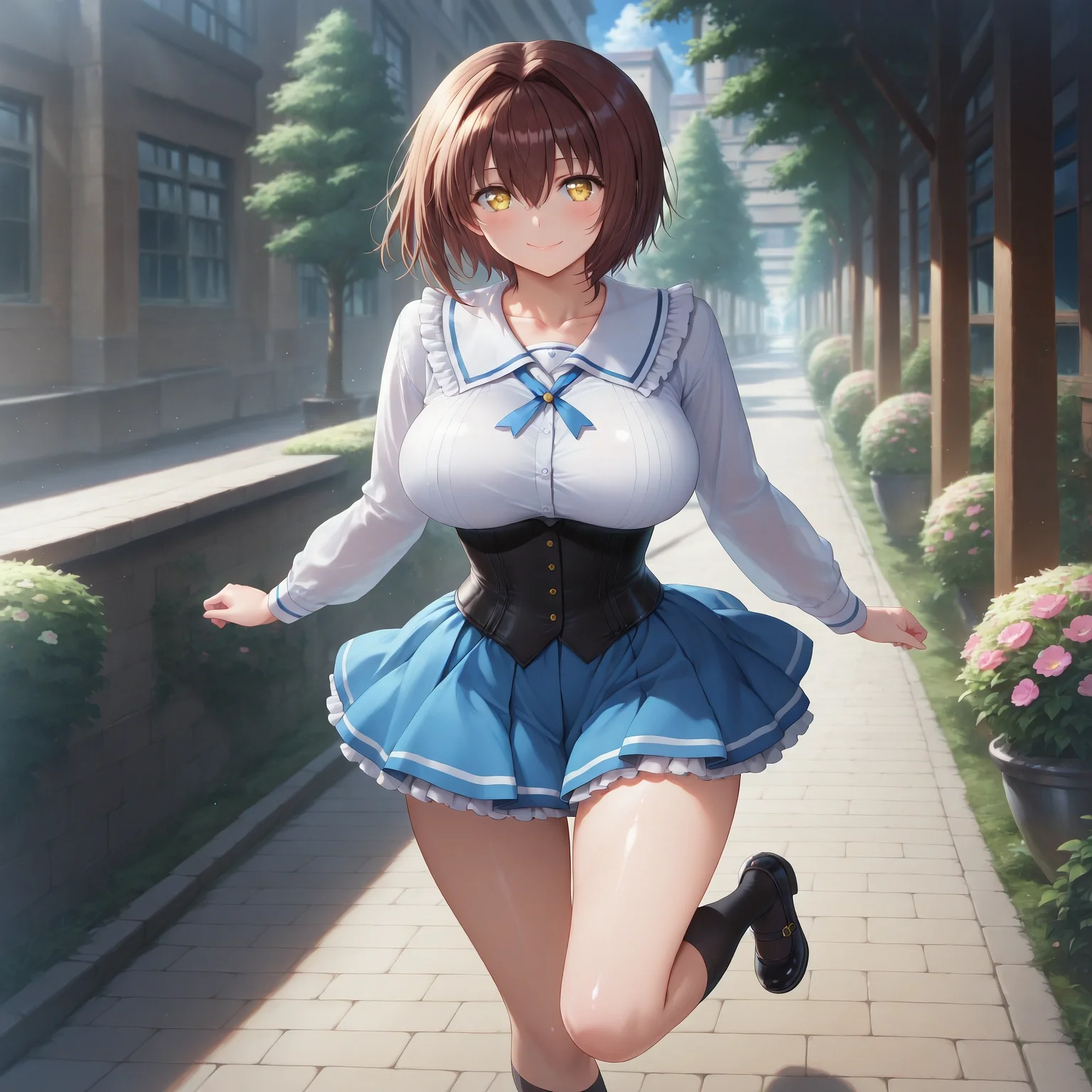 (masterpiece, best quality,solo,full body:1.4),highres,illustration,8k,Ultra_realistic,(looking at viewer, collarbone),(shiny_eyes,sparkling_eyes,smile,:1.2),
Hotaka Miyabi,brown hair,skirt,socks,yellow eyes,black socks,shoes,hair intakes,short hair,blue skirt,black footwear,long sleeves,kneehighs,mary janes,corset,frills,shirt,pleated skirt,school uniform,hair between eyes,neck ribbon,underbust,buttons,
large breasts,bouncing breasts,outdoors,<lora:aidmaImageUpgrader-v0.3-IL:0.6>,<lora:Hotaka_Miyabi(IL):0.85>,