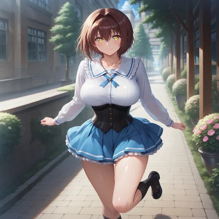 (masterpiece, best quality,solo,full body:1.4),highres,illustration,8k,Ultra_realistic,(looking at viewer, collarbone),(shiny_eyes,sparkling_eyes,smile,:1.2),
Hotaka Miyabi,brown hair,skirt,socks,yellow eyes,black socks,shoes,hair intakes,short hair,blue skirt,black footwear,long sleeves,kneehighs,mary janes,corset,frills,shirt,pleated skirt,school uniform,hair between eyes,neck ribbon,underbust,buttons,
large breasts,bouncing breasts,outdoors,<lora:aidmaImageUpgrader-v0.3-IL:0.6>,<lora:Hotaka_Miyabi(IL):0.85>,