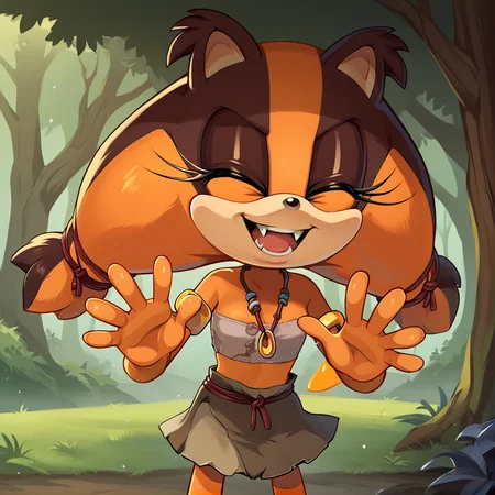 score_9, score_8_up, score_7_up, score_6_up, score_5_up, score_4_up, BREAK, <lora:sticksthebadger:0.85>, sticks the badger, 1girl, solo outside looking at viewer, open mouth, happy expression, fangs, skirt, bandeau, skirt, jewelry, body fur, furry female, orange fur, two-tone fur, closed eyes,