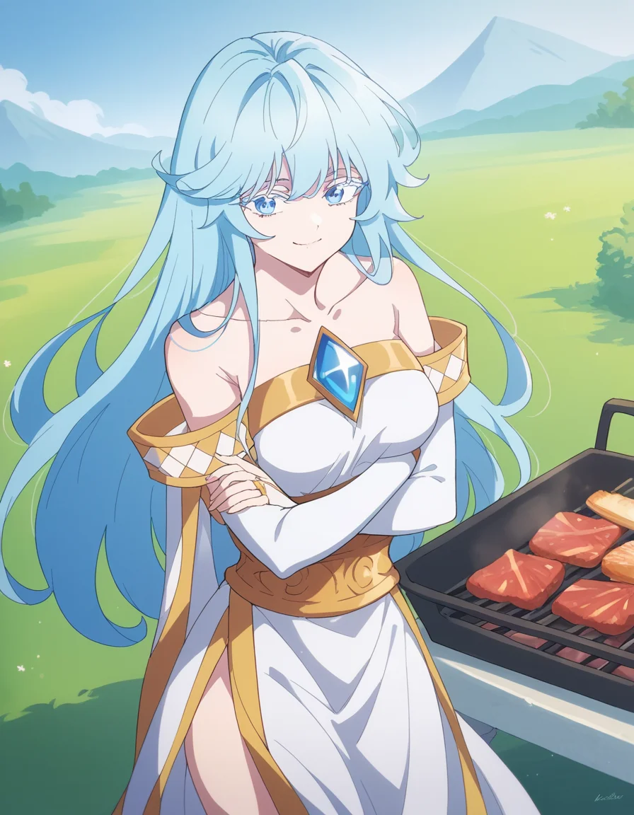 score_9, score_8_up, score_7_up, source_anime, <lora:elfaria-albis-serfort-s1-ponyxl-lora-nochekaiser:1>, elfaria albis serfort, long hair, blue hair, blue eyes, colored eyelashes, sidelocks, medium breasts,, dress, bare shoulders, collarbone, white dress, bridal gauntlets, gemstone, detached sleeves, off shoulder,, backyard, barbecue, grilling, laughter, summer evening, smile, looking at viewer, crossed arms, smug, solo,, cowboy shot, dutch angle
