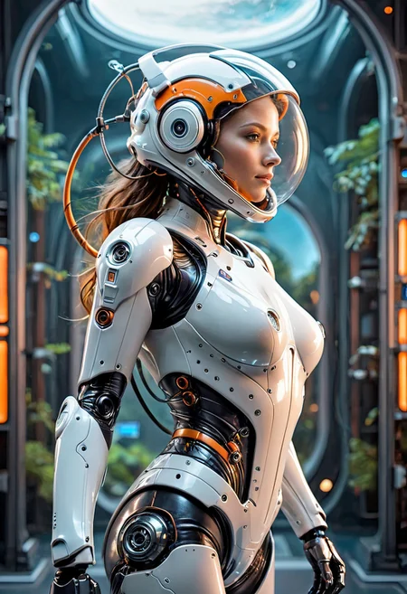score_9, score_8_up, score_7_up, score_6_up, score_5_up, score_4_up, ultra-realistic, dutch angle
solo, sideview, fullbody of female astronaut, bubble butt, slim body, wearing high-tech black and orange tight exo suit, rebreather, futuristic space helmet
foating in zero gravity
hyperdetailed background, floating orb-shaped assistant drone, lush multicolored alien vegetation, moss, nighttime, nebula, cinematic lighting, dramatic lighting
Expressiveh  <lora:sd_xl_offset_example-lora.safetensors:0.4> <lora:ExpressiveH.safetensors:0.3>
 <lora:Android_female:0.5> android female, slender body, flexible body, medium chest, thin waist, grace, wire-hair, smooth surfaces, robot joints, joints, science fiction, solo, android, cyborg, lips, robot, cable, standing