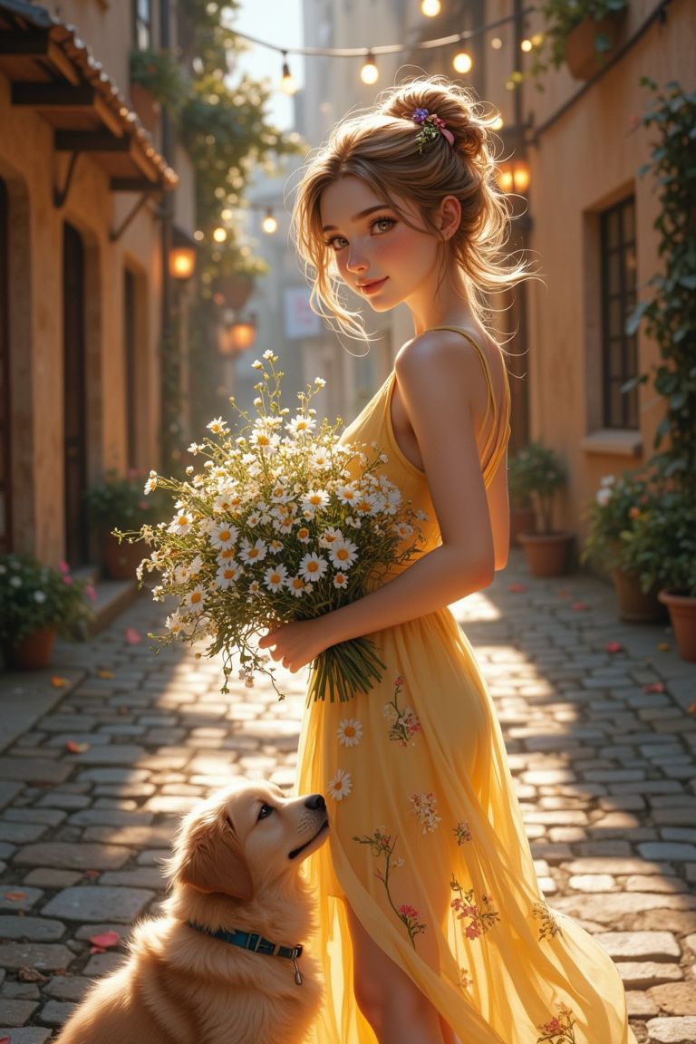 A young woman with  a playful smile stands on a quaint cobblestone street, her wavy auburn hair tied in a loose bun decorated with tiny flower ornaments and fluttering ribbons. She wears a pastel-yellow sundress with embroidered daisies and holds a giant bouquet of wildflowers, petals drifting around her. Fairy lights sway gently above her, casting a magical glow in the nighttime, while a fluffy golden retriever puppy tugs at her hem, gazing up at her adoringly. She seems like a character from a modern fairy tale, radiating charm and warmth.