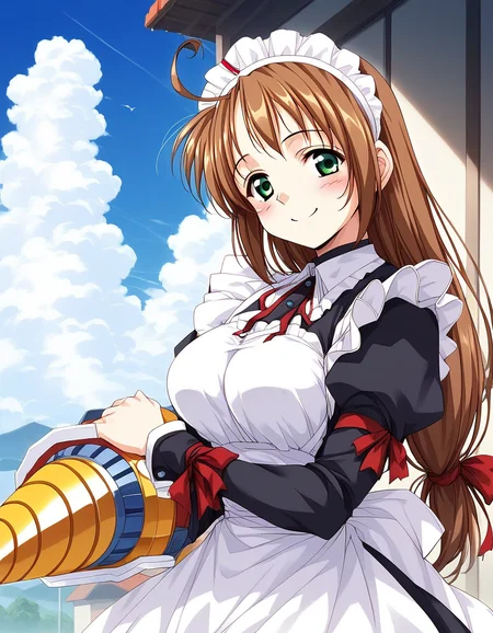 score_9, score_8_up, score_7_up, source_anime, rating_explicit, BREAK <lora:Spiral_Nami_Ver2.0_XL:1> Spiral_Nami_drill, drill, brown hair, green eyes, maid headdress, ahoge, low-tied long hair, maid, large breasts,
smile, apron, sky, cloud, day, outdoors, blush, looking at viewer, holding, ribbon, long sleeves, red ribbon, bow
outdoor, sky,