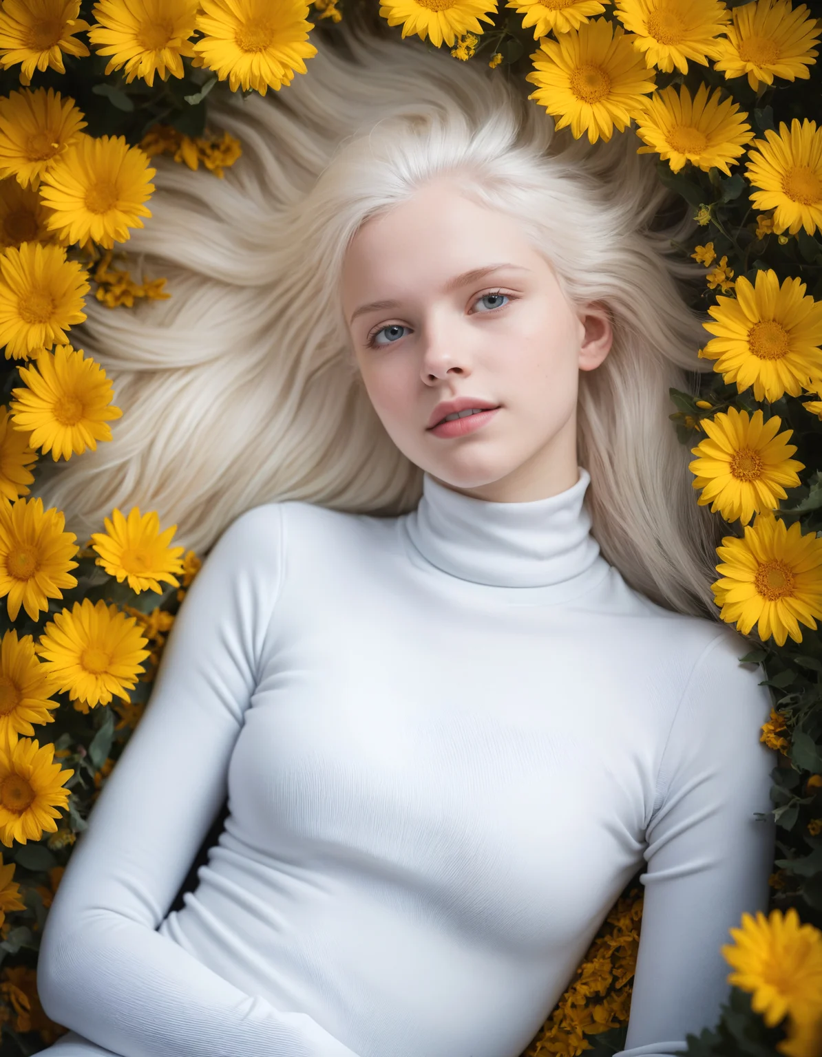 award winning photo macro shot of a beautiful albino young woman lying in a majestic yellow flowerbed, white hair, dynamic lighting, cinematic still, pale skin, screencap, skin texture, contemplative, smirk, piercing blue eyes, extremely long hair, sleek hair, portrait, dynamic pose, (blue turtleneck), 100mm f/2.8 macro lens,