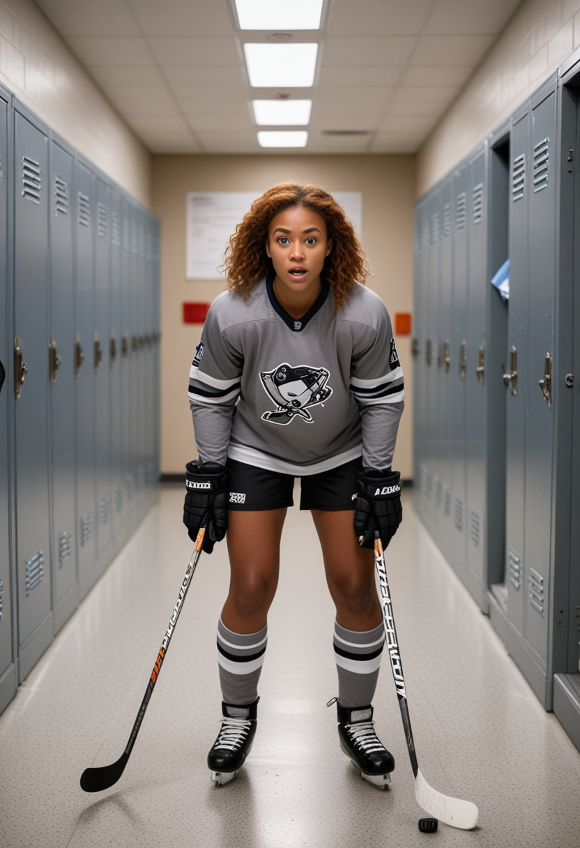 (medium full shot) of man, (robust hockey player) young woman, african, dark skin, light brown eyes, Medium build, medium ginger  hair,  wearing a grey hockey jersey, hockey helmet, padded shorts, sneakers, shin guards, set in  Locker Room, spacious room with individual lockers, benches in the center, equipment strewn about, motivational posters on the walls, a whiteboard for strategy planning, at night, woman surprised, open mouth, running toward the viewer, Masterpiece,best quality, photo, realistic, very aesthetic, detailed face,