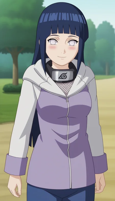 outdoors, 
 <lora:HinataSDXL:0.8>,
1girl, long hair, dark blue hair, blunt bangs, white eyes, no pupils, forehead protector, long sleeves, konohagakure symbol, hood down, looking at viewer, blue pants, breasts, smile,blush,fishnets,cowboy shot,solo,purple jacket, 
standing,, 
anime screencap, anime coloring,