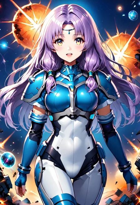 score_9, score_8_up, score_7_up, source_anime,
side walk,coverface with hands,
1girl,
NSFlorinaMain, blue breastplate, blue pauldrons, short sleeves, teal fingerless elbow gloves, circlet, parted bangs, high collar, light purple hair, long hair, low-tied sidelocks
(((mecha suit blue color))), mecha musume, headgear, armor,((Mecha blue armor)), menpo, underboob,black blue armor,
BREAK
(dynamic perspective), sharp focus, (depth of field, bokeh:1.3), extremely detailed eyes and face, beautiful detailed eyes, black gold, trimmed gear,
((((a massive mecha in a fierce battle with giant monsters in outer space, explosions, laser beams, debris, stars, galaxies, dark space background, dynamic action scene, bright flashes of light, intense energy, futuristic technology, epic scale, vivid colors))))