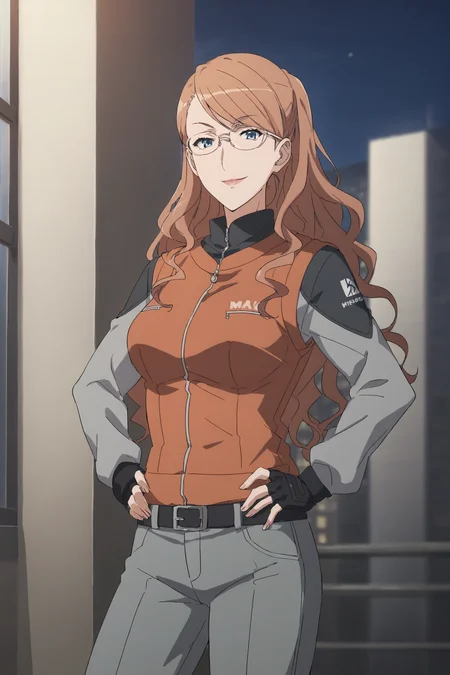 therestina kihara lifeline, brown hair, long hair, wavy hair, blue hair, glasses, thterestinamar, long sleeves, grey shirt, orange vest, black gloves, fingerless gloves, black belt, grey pants, <lora:Therestina_Kihara_Lifeline:0.8>, score_9, score_8_up, score_7_up, score_6_up, score_5_up, source_anime, rating_safe, medium breasts, outdoors, city, (night:1.4), 1girl, solo, looking at viewer, <lora:age_slider_v4:3>, smile, hands on own hip