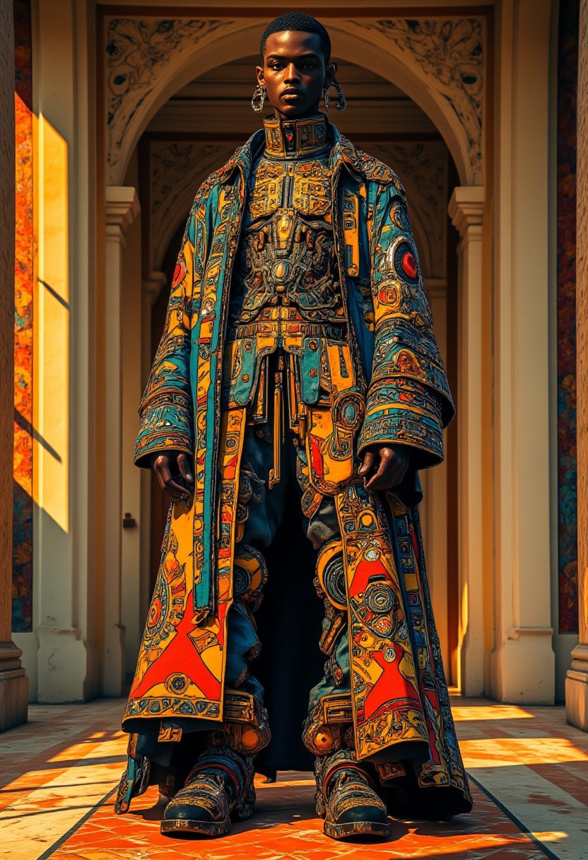 A modern African sorcerer stands with his intricate coat in the ornate palace room,  African tribal motifs, hints of red and gold, sci-fi and post-apocalypse elements, insane detail, masterpiece, cyberpunk, golden hour, reminiscent of the style of Simon Stalenhag, Loish and Ash Thorp,
