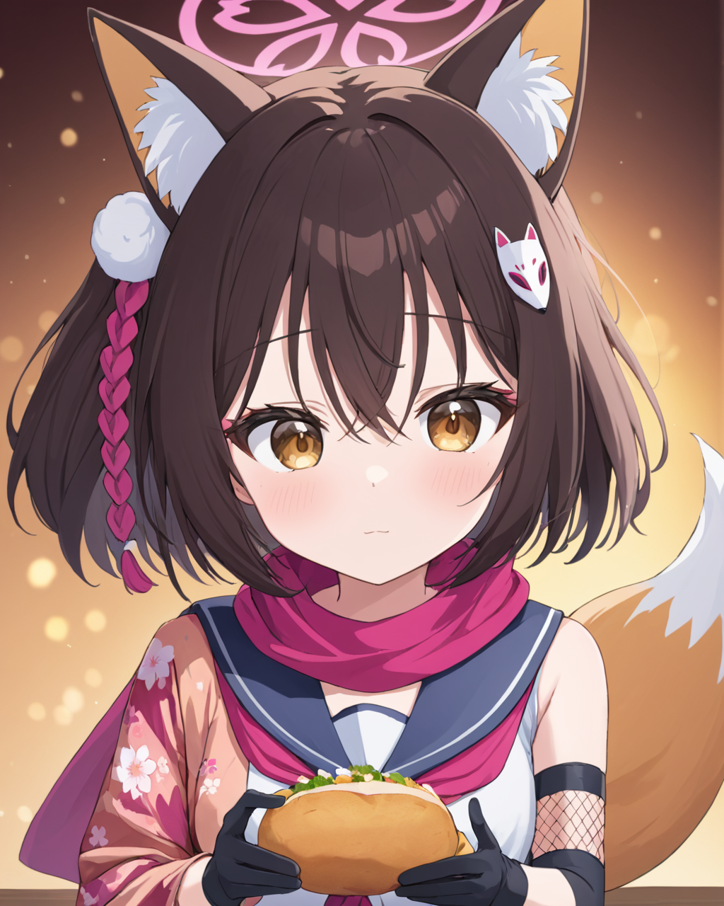 izuna \(blue archive\),1girl, halo, sweet_potato, eating, looking_at_viewer, partially_fingerless_gloves, holding_food, animal_ear_fluff, black_gloves, blush, fox_girl, solo_focus, pov, pink_scarf, sailor_collar, floral_print, pink_neckerchief, pom_pom_\(clothes\), sleeveless, kimono, pom_pom_hair_ornament, blurry_background, serafuku
<lora:izuna_(blue_archive)_image2170_2023-11-28-000008:1>halo. gorgeous,key visual, vibrant, studio anime,award-winning, professional, highly detailed,high budget, cinemascope