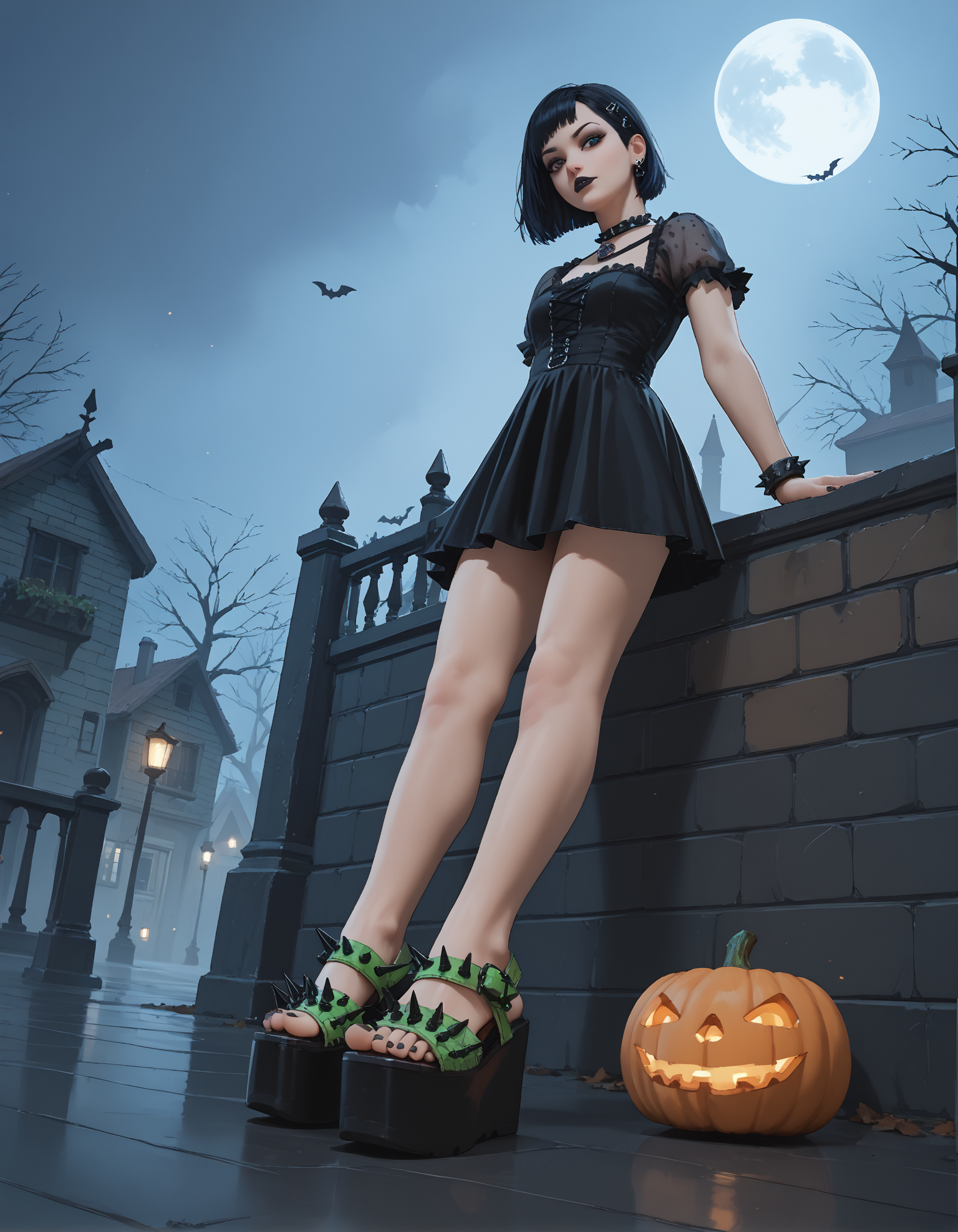 score_9, score_8_up, score_7_up, score_6_up, realistic,
wide angle, foot focus, (from side:0.8), (from above:1.2),
standing,
1girl, goth, 
sp1ke sandals, platform footwear,
halloween scene, fog, night,
black toenail polish,
embedding:zPDXLrl ,
embedding:zPDXL2 ,