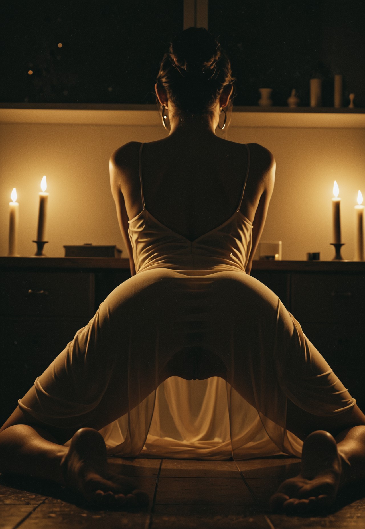  1girl, pretty girl ,  black hair, updo, earrings, curvy, wide hips, kneeling on floor, legs apart,  translucent dress, flowing dress, juicy ass, surrounded by candles,  backless dress, shoulder blade, ass focus, soles, feet, female focus, depth of field, ((dark, night)), ray tracing, highly detailed , dynamic angle, low angle 