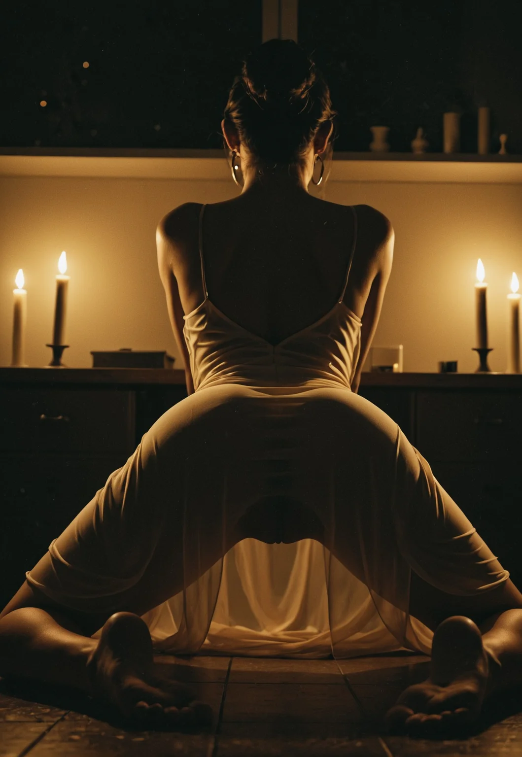  1girl, pretty girl ,  black hair, updo, earrings, curvy, wide hips, kneeling on floor, legs apart,  translucent dress, flowing dress, juicy ass, surrounded by candles,  backless dress, shoulder blade, ass focus, soles, feet, female focus, depth of field, ((dark, night)), ray tracing, highly detailed , dynamic angle, low angle 