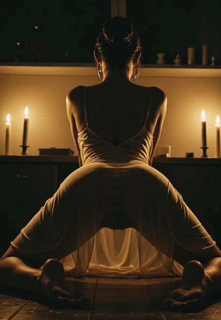 1girl, pretty girl , black hair, updo, earrings, curvy, wide hips, kneeling on floor, legs apart, translucent dress, flowing dress, juicy ass, surrounded by candles, backless dress, shoulder blade, ass focus, soles, feet, female focus, depth of field, ((dark, night)), ray tracing, highly detailed , dynamic angle, low angle