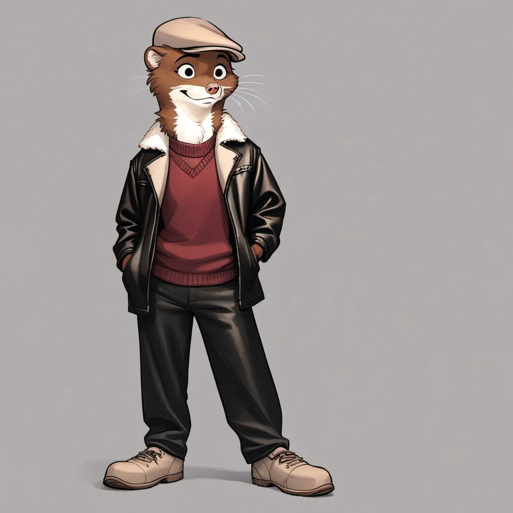score_9, score_8_up, score_7_up, score_6_up, score_5_up, score_4_up, bedroom background, detailed fur,
BREAK
W33kly_BS, Weekly, Anthro Weasel, Lesser Weasel, brown weasel, brown fur, white chin, white neck, white inner ear, black eyebrows, black eyes, pink nose, whiskers, tan hat, flat cap, leather jacket, flight jacket, fleece collar, red sweater, khakis, tan shoes,
BREAK