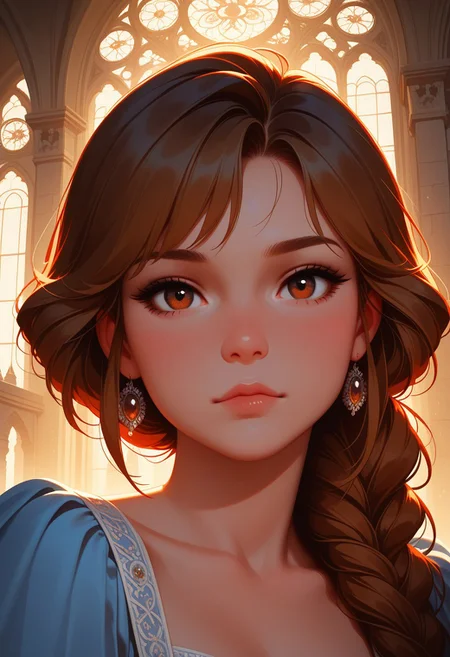 HDR, 8K, high contrast, masterpiece, best quality, amazing quality, very aesthetic, retro artstyle, realistic, promotional art, newest, volumetric lighting, 
(artist:incase:0.5), (artist:tsuaii:1), (flat colors:1), haiz_ai, no lineart, no outline,
1girl, close up portrait, looking at viewer, renaissance dress,
castle ,neutral background