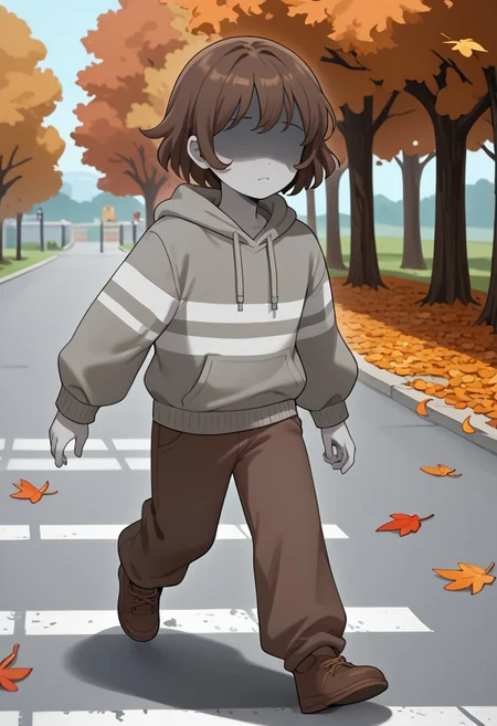 score_9, score_8_up, score_7_up, masterpiece, hd, source_anime, 2D, vesseldn, 1boy, teenager, androgynous, young, cheeky cheeks, deadpan, grey skin, grey undertones, consistent gray tone, gray body, soft features, slim, shaded face, faceless, lack of facial features, no facial features, faceless, no_face, blank_face, medium brown hair, grey sweatshirt, striped sweatshirt, two white stripes, two stripes, brown pants, brown shoes, running on roadway, cozy town background, trees with orange leaves in the background, autumn