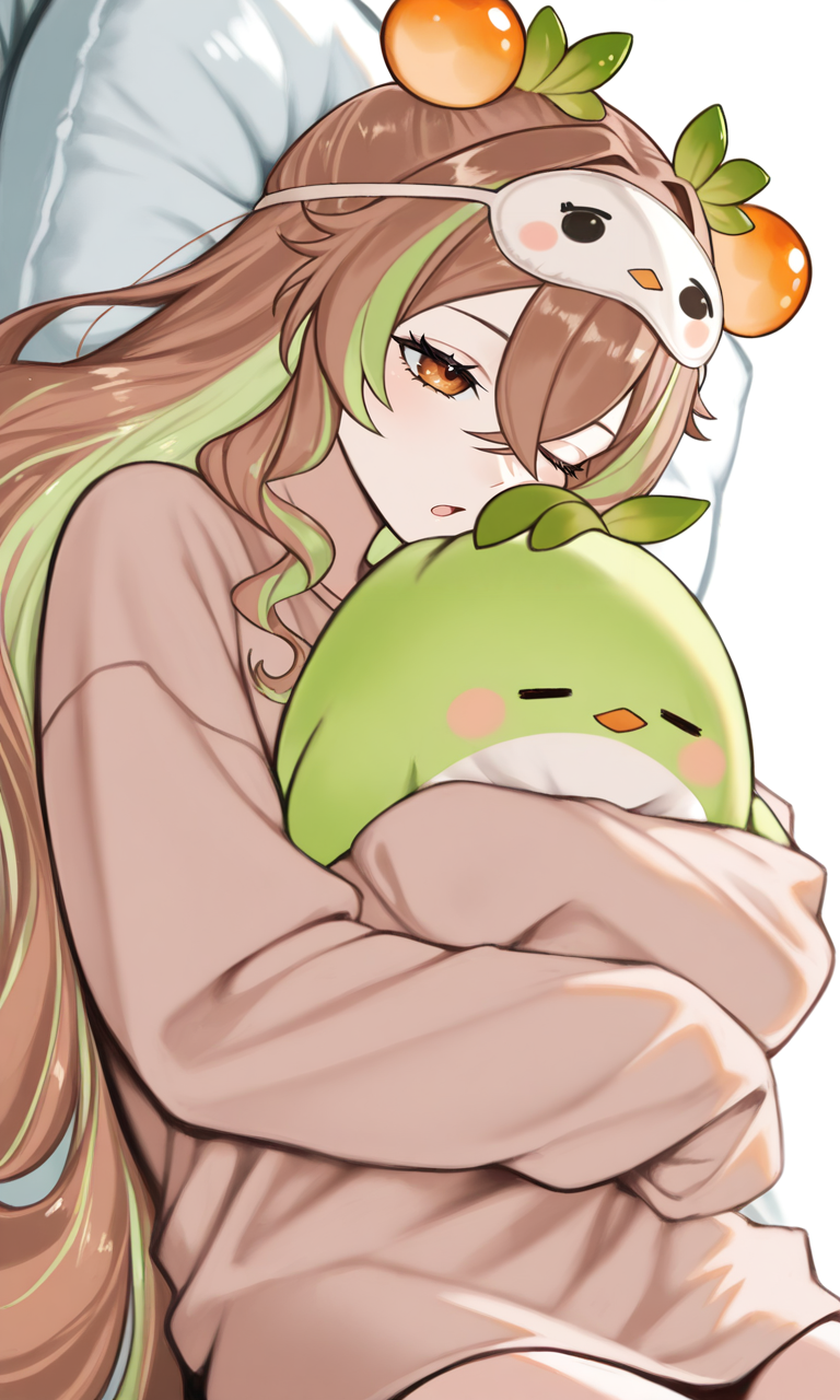 masterpiece,best quality,absurdres,very aesthetic,very awa,highres,newest,year 2024,year 2023,<lora:add-detail-xl:0.9>,<lora:illustrious_best_quality_v1:0.8>,<lora:xmc_v0.3_noobai_cwhj:0.8>,<lora:Periru_Vtuber:1>,PeriruILXL,virtual youtuber,multicolored hair,brown hair,green hair,hair ornament,food-themed hair ornament,brown eyes,hair between eyes,dynamic background,detailed,dynamic_angle,best eyes,best hands,very long hair,
1girl, sleep mask, solo, virtual youtuber, streaked hair, brown hair, one eye closed, multicolored hair, long hair, sleeves past wrists, mask on head, pillow, brown eyes, green hair, white background, sleeves past fingers, mask, open mouth, hugging object, shirt