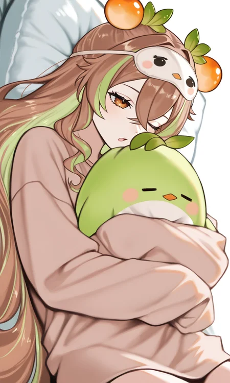 masterpiece,best quality,absurdres,very aesthetic,very awa,highres,newest,year 2024,year 2023,<lora:add-detail-xl:0.9>,<lora:illustrious_best_quality_v1:0.8>,<lora:xmc_v0.3_noobai_cwhj:0.8>,<lora:Periru_Vtuber:1>,PeriruILXL,virtual youtuber,multicolored hair,brown hair,green hair,hair ornament,food-themed hair ornament,brown eyes,hair between eyes,dynamic background,detailed,dynamic_angle,best eyes,best hands,very long hair,
1girl, sleep mask, solo, virtual youtuber, streaked hair, brown hair, one eye closed, multicolored hair, long hair, sleeves past wrists, mask on head, pillow, brown eyes, green hair, white background, sleeves past fingers, mask, open mouth, hugging object, shirt