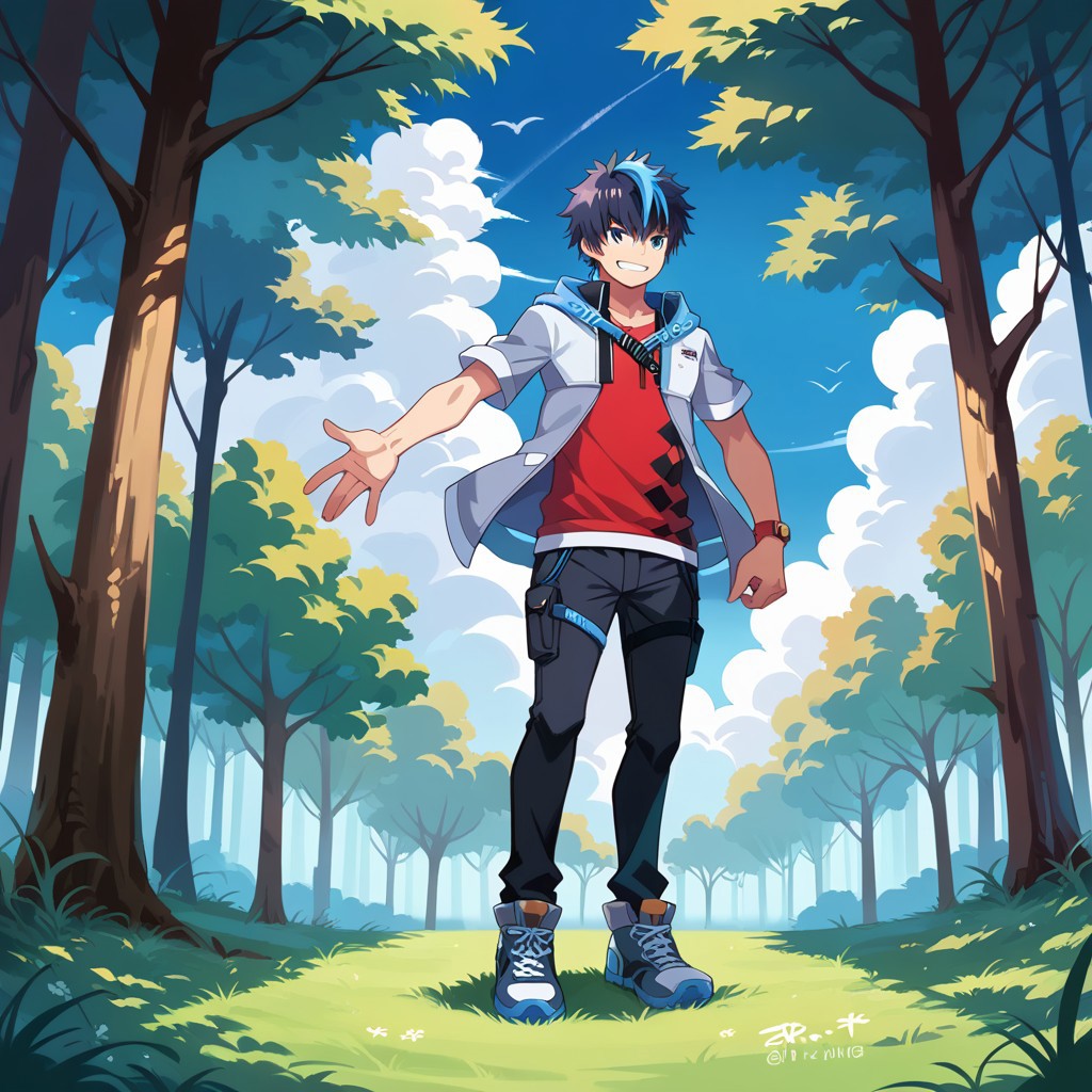 1boy, solo, score_9, score_8_up, score_7_up, source_anime, takuto_dwno, black hair, multicolored hair, red shirt, black pants, gray jacket, fists clenched, bicep flex, full body, smile, digital forest background, trees, sky, clouds, grass, looking at viewer