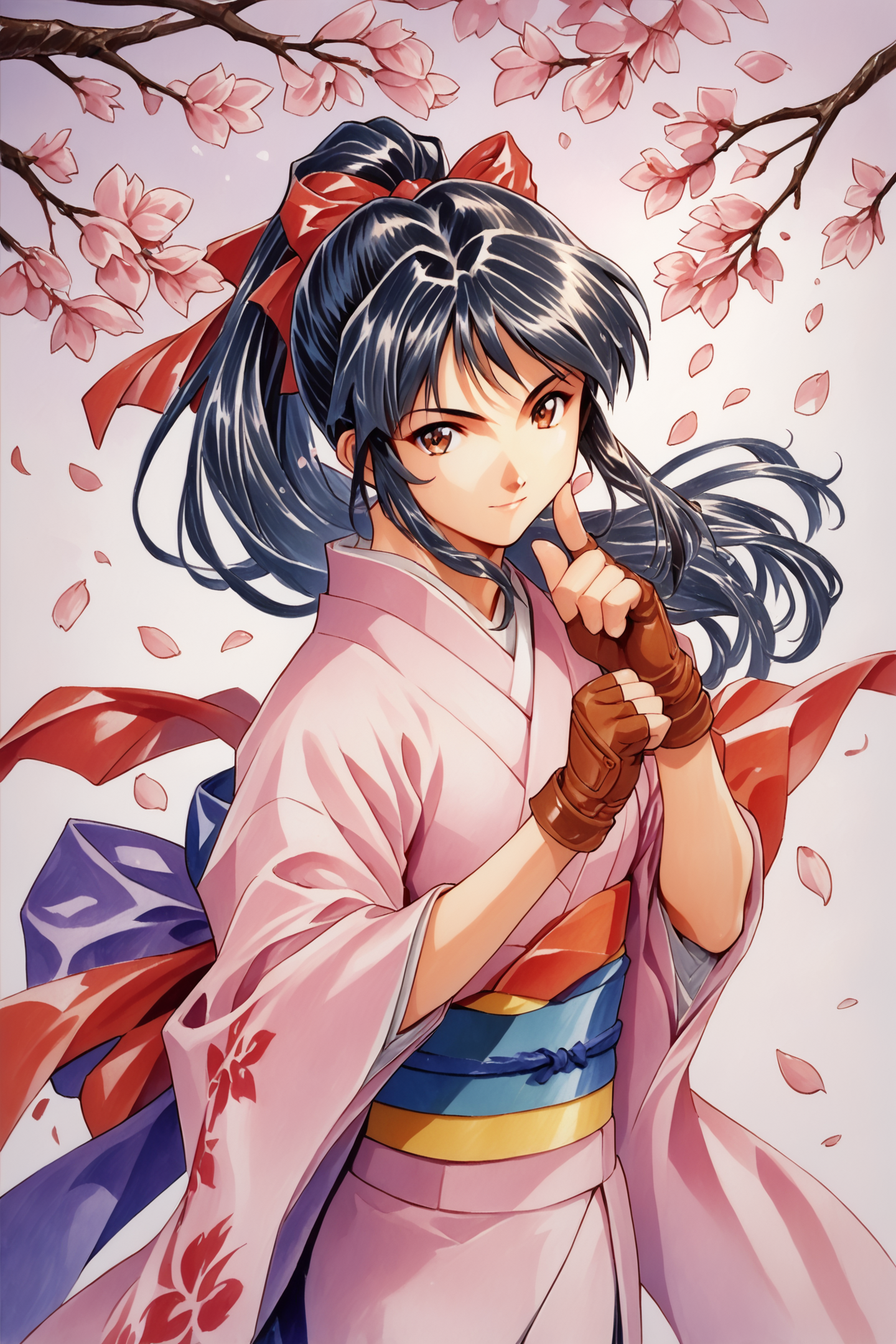 Shinguji Sakura,1girl,solo,japanese clothes,gloves,bow,brown eyes,fingerless gloves,black hair,red bow,ponytail,petals,long hair,hair bow,cherry blossoms,kimono,traditional media,score_9,score_8_up,<lora:Sakura Wars_XL_PONY_V2.1:0.8>,