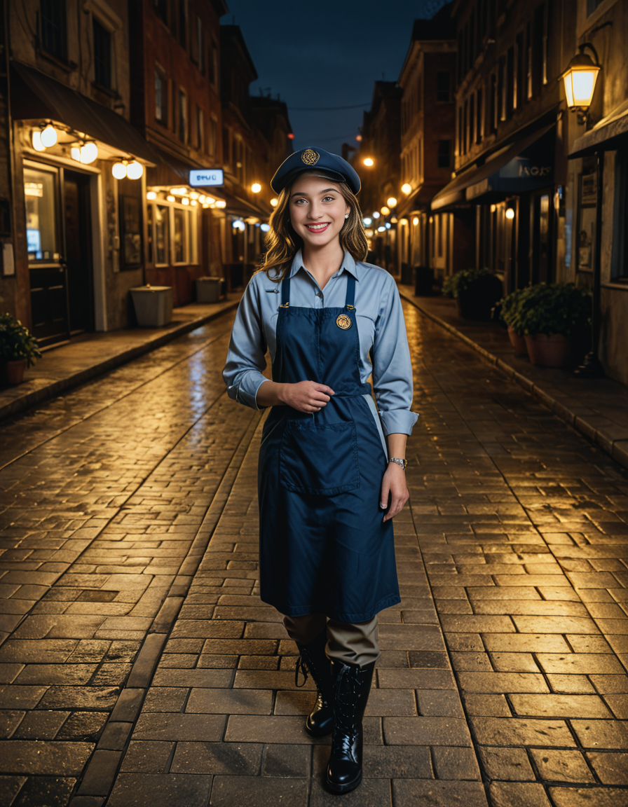 cowboy shot, looking at viewer,female_focus, medium close-up,,A woman wearing a Warm jacket, dusty trousers, boots, hat, pruning shears, gloves, apron ,stands confidently in a bustling city street at dusk. The streetlights cast a warm glow on the pavement, and neon signs flicker in the background. The personâs white gloves contrast sharply against the dark outfit, adding a touch of elegance. A light evening mist rises from the ground, creating a cinematic atmosphere. Pedestrians pass by, some glancing curiously at the well-dressed figure. The cityscape features modern and old architecture, blending tradition with contemporary urban life.
<lora:SDXLFaeTastic2400:0.4> <lora:extremely_detailed:0.4> extremely detailed, Masterpiece,best quality,hi res,8k,hi res,8k,award winning,(sharp focus, intricate, highly detailed),