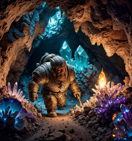 RAW photo, (masterpiece:1.3), subsurface scattering, heavy shadow, (high quality:1.4), (intricate, high detail:1.2), professional photography, HDR, High Dynamic Range, realistic, ultra realistic, photorealistic, high resolution, film photography, ambient lighting, atmospheric effects, <lora:detail_slider_v4:2>, OverallDetail, <lora:CrystalCaves:0.7>, cave, cryca, crystal, gem, mushrooms, nature, rock, scenery, a dwarven miner, holding a torch, <lora:DwarvenArmor:0.83>, DwarAr