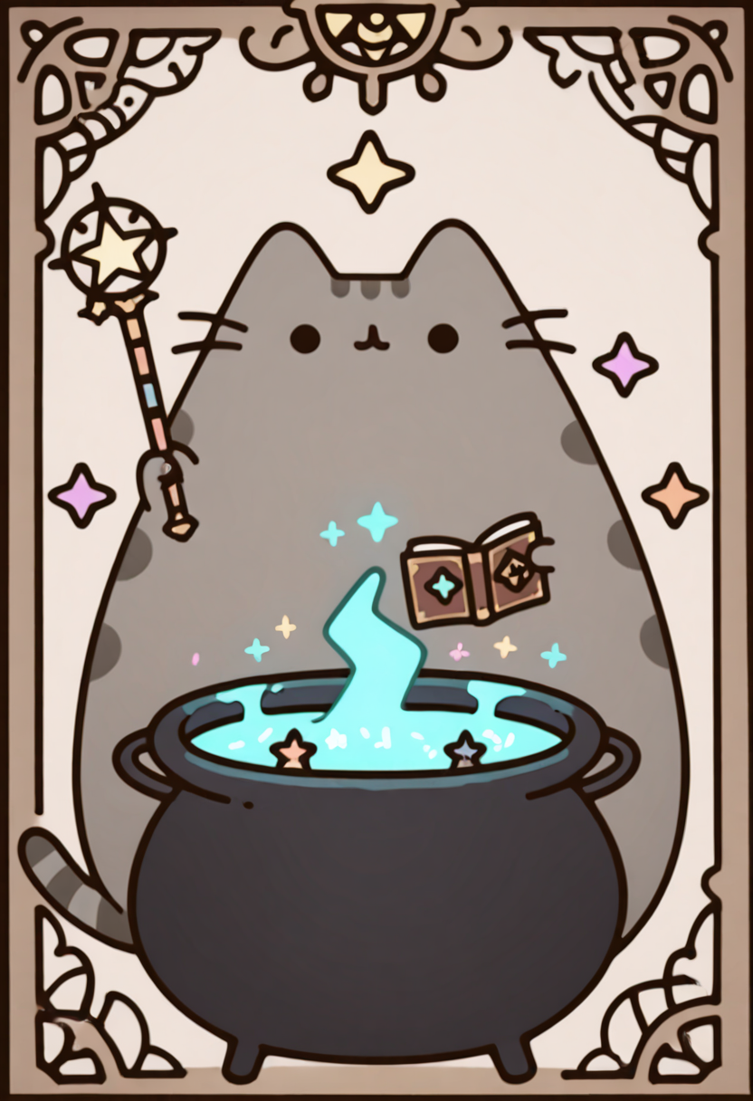 masterpiece, best quality,    pusheen, dressed as a wizard, holding a wand, magic sparkles, spellbook, cauldron, glowing potion, no humans,    ,<lora:PusheenIXL:1.2>,