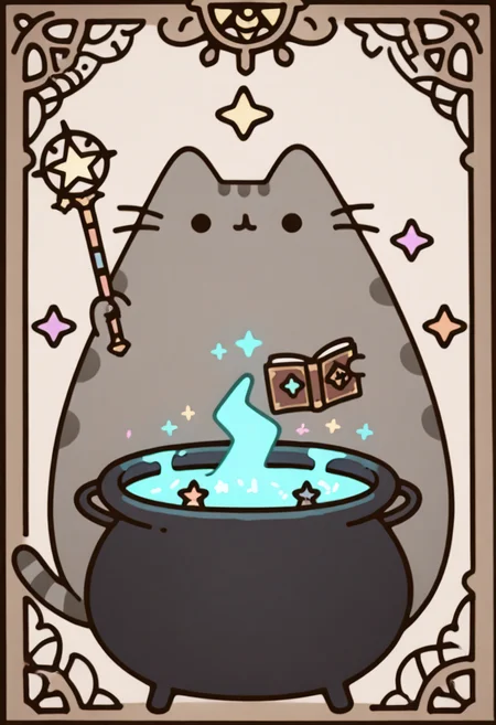 masterpiece, best quality, pusheen, dressed as a wizard, holding a wand, magic sparkles, spellbook, cauldron, glowing potion, no humans, ,<lora:PusheenIXL:1.2>,
