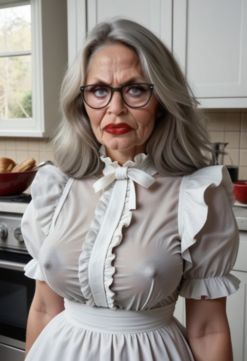 Voluptuous, attractive, evil 80 year old granny, tight silk blouse with frills, huge tits, thick glasses, long blonde/grey hair, kitchen, huge red lips, trout-pout