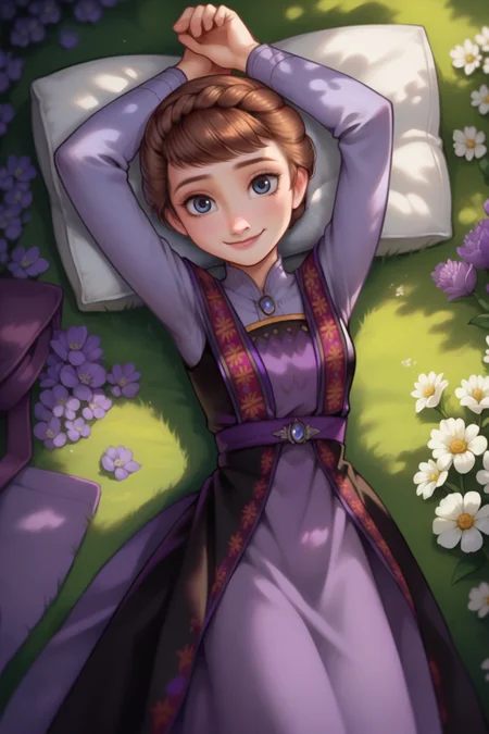 score_9, score_8, score_7, queen iduna, black and purple royal dress, outdoors, <lora:frozen_queenIduna_v11epoch8:1>, looking at viewer, smile, flower field, lying on a picnic blanket, from above, arms up, head on a pillow