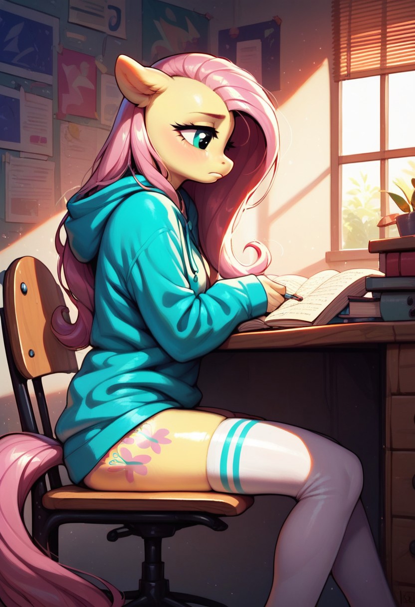 score_9, score_8_up, score_7_up, score_6_up, semi-realistic artwork, detailed background, high quality, vibrant colors, best quality rendering, intricate details, high resolution, sharp focus, best render quality, (background-room, study, table, homework, glowing desk light), side view,
1girl, solo, {Fluttershy (anthro pony) long hair, 18 yo, narrow shoulders, skinny, shiny skin,
oversized hoodie, white thigh-high socks,
dynamic pose, sitting chair, doing homework, studying,
shy, pensive, bored,