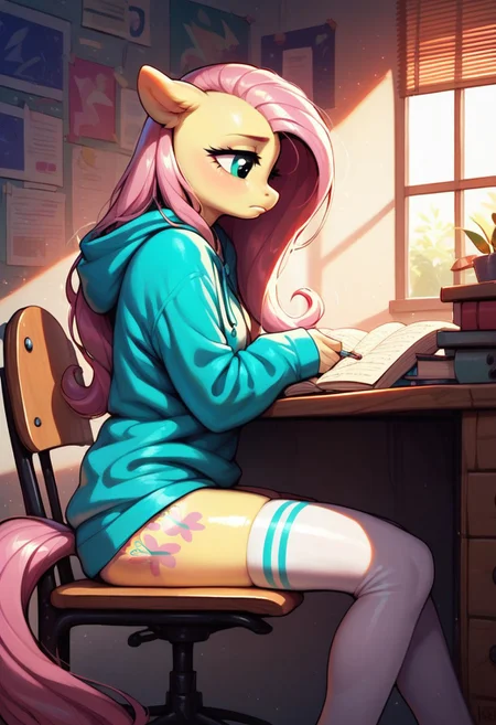 score_9, score_8_up, score_7_up, score_6_up, semi-realistic artwork, detailed background, high quality, vibrant colors, best quality rendering, intricate details, high resolution, sharp focus, best render quality, (background-room, study, table, homework, glowing desk light), side view,
1girl, solo, {Fluttershy (anthro pony) long hair, 18 yo, narrow shoulders, skinny, shiny skin,
oversized hoodie, white thigh-high socks,
dynamic pose, sitting chair, doing homework, studying,
shy, pensive, bored,