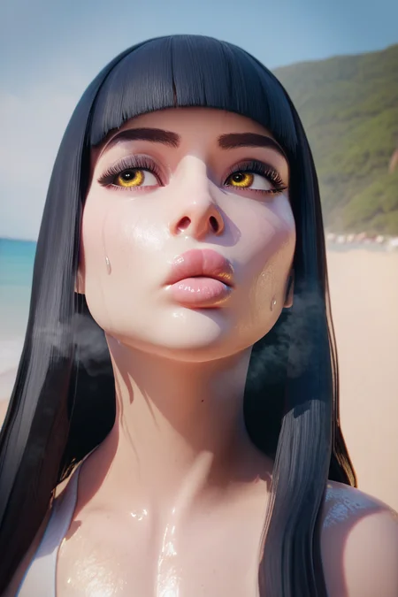 score_9, score_8_up, score_7_up, 3d style, 1girl, black hair, long hair, straight hair, straight blunt bangs, yellow eyes, big lips, sweaty, sweatdrop, steaming breath, wet, pale skin, bored, looking away, face focus, outdoors, solo, beach, best quality, high quality
