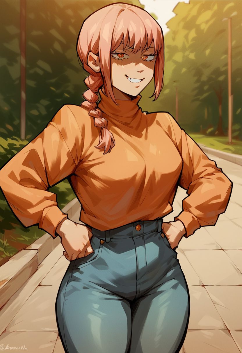 score_9, score_8_up, score_7_up, score_6_up, score_5_up, score_4_up
Nayuta (Chainsaw Man), medium breasts, sweater, tucked in, tight jeans, thick thighs, slim waist, hands on hips, half-open eyes, smug grin, 
Sidewalk Setting, Beautiful background,