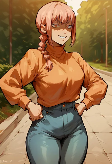 score_9, score_8_up, score_7_up, score_6_up, score_5_up, score_4_up
Nayuta (Chainsaw Man), medium breasts, sweater, tucked in, tight jeans, thick thighs, slim waist, hands on hips, half-open eyes, smug grin,
Sidewalk Setting, Beautiful background,