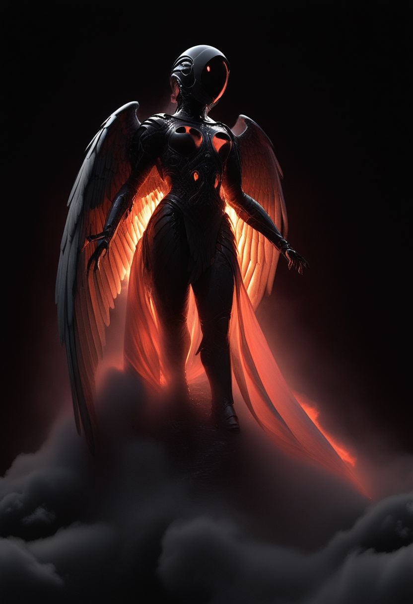 Dark luminous translucent Wings, Above the Clouds Loosing feathers, floating feathers, subsurface scattering, Capture the dystopian spectacle of female Icarus ascending too close to the sun, seen from below. Witness her wings, illuminated by the piercing light of a Blood moon, shedding feathers as they struggle against the inevitable descent. 
subsurface scattering, Angel Icarus LiS_Robot By tim burton with Large vanta black spreaded  Wings, large hooded Cape, liminal space cloud, Neon translucent Soundwaves visible on the face,
atmospheric haze, Film grain, cinematic film still, shallow depth of field, highly detailed, high budget, cinemascope, moody, epic, OverallDetail, 2000s vintage RAW photo, photorealistic, candid camera, color graded cinematic, atmospheric lighting, imperfections, natural, shallow dof