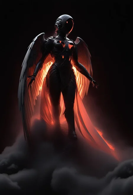 Dark luminous translucent Wings, Above the Clouds Loosing feathers, floating feathers, subsurface scattering, Capture the dystopian spectacle of female Icarus ascending too close to the sun, seen from below. Witness her wings, illuminated by the piercing light of a Blood moon, shedding feathers as they struggle against the inevitable descent. 
subsurface scattering, Angel Icarus LiS_Robot By tim burton with Large vanta black spreaded  Wings, large hooded Cape, liminal space cloud, Neon translucent Soundwaves visible on the face,
atmospheric haze, Film grain, cinematic film still, shallow depth of field, highly detailed, high budget, cinemascope, moody, epic, OverallDetail, 2000s vintage RAW photo, photorealistic, candid camera, color graded cinematic, atmospheric lighting, imperfections, natural, shallow dof