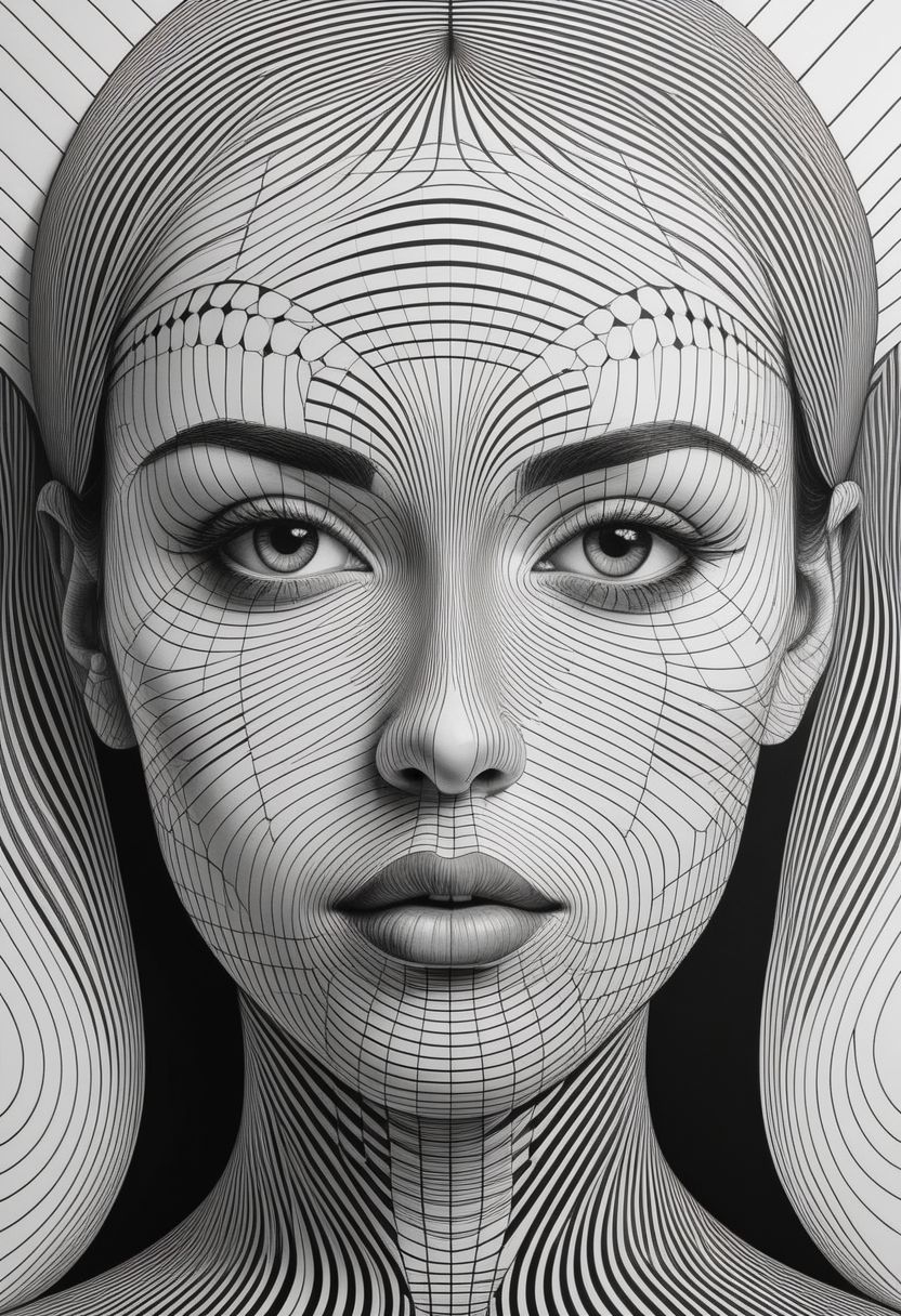 Create a striking digital illustration showcasing a face shape crafted from op art, where seamless lines of varying widths intertwine to form a mesmerizing pattern. The design is minimalist yet elegant, with each line meticulously placed to create a harmonious composition. The contrast between the intricate lines and the background enhances the visual impact of the artwork, drawing the viewer's eye to the intricate details of the op art face shape. The overall aesthetic is sleek and modern, exuding a cinematic vibe that captures attention and evokes a sense of vibrancy and depth. This artwork is perfect for adorning a poster or photograph, adding a touch of contemporary flair to any space.