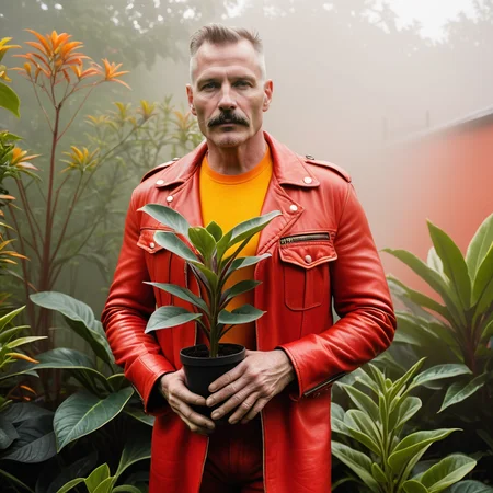 homoerotic ethereal dreamlike photograph, a leather Daddy holding a plant in a garden, red, orange, yellow, vividly queer, high saturation, hazy, fog