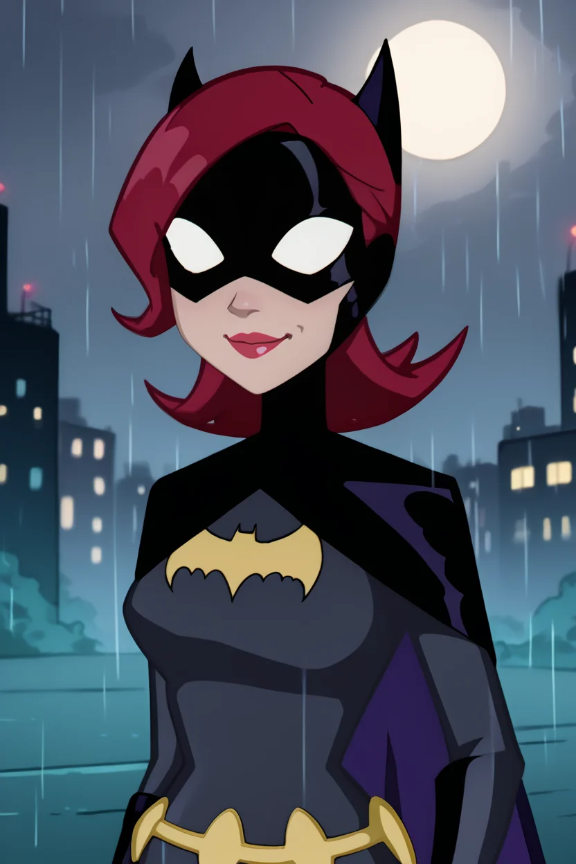 batgirl, 1girl, solo, smile, black mask, white eyes, no pupils, red hair, lipstick, red lips, black cape, bat print, black bodysuit, utility belt, black gloves, looking at viewer, upper body, raining, rain, night, city, street, moon, zPDXL, <lora:Batgirl:0.9>, <lora:LeisureSuitLarry-WD-PonyXL-V1:0.8>