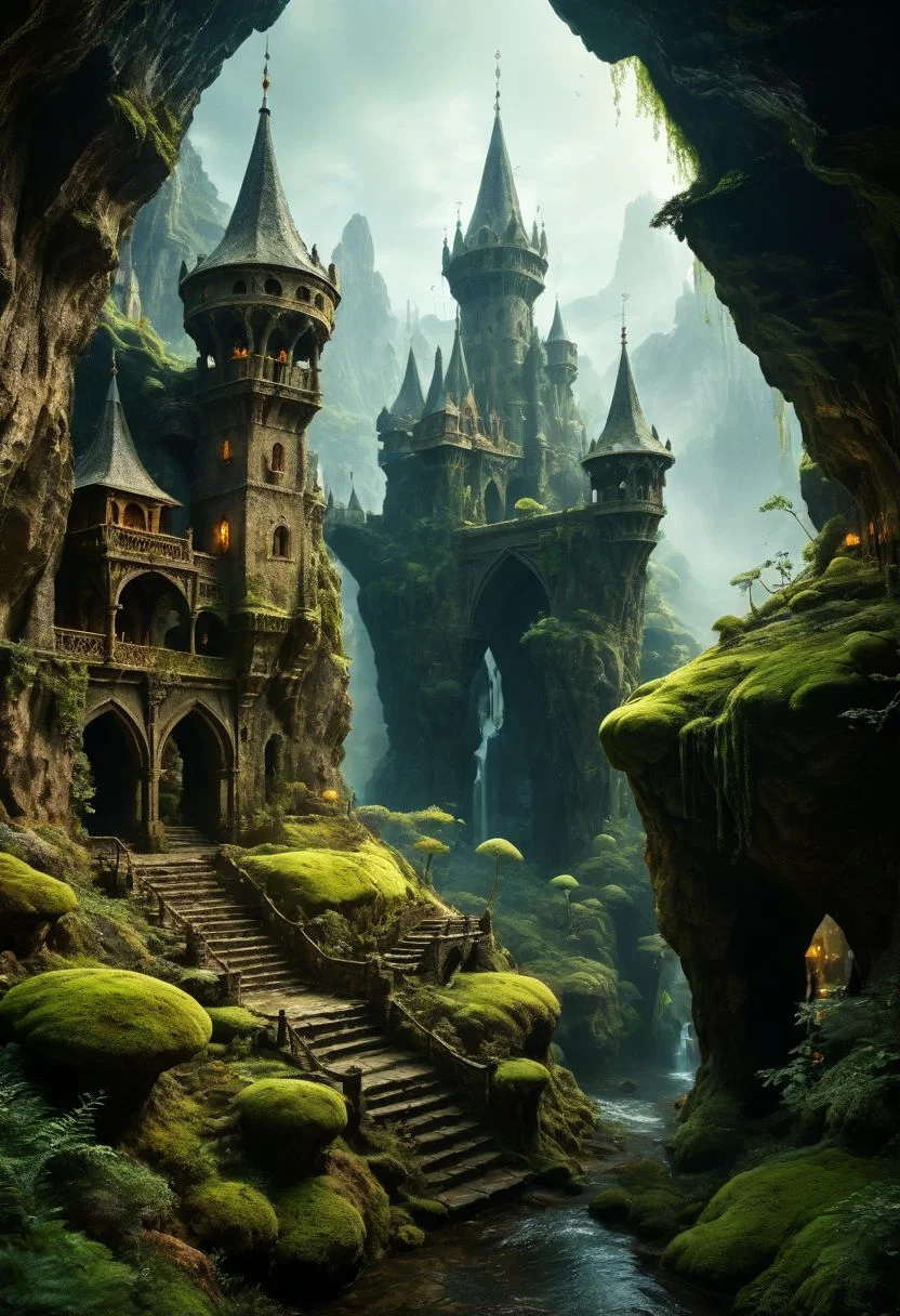 (magical fantasy hanging medieval city buildings with minarets in a fantastical vast expansive underground mossy enclosed cave dimension with lush shrubs vegetation), advntr, floating rock formations in zero gravity, (multi terraced slopes in a procession courtyard, cramped many story houses, many hanging connected multidimensional bridges and aqueducts with vines, giant olivine crystals and fungi), moody misty atmospherics, 4k, highres, best quality, dramatic, cinematic, epic, pantone analogue style, (concept art, digital art, realistic, professional masterpiece, dynamic, (curvilinear perspective), high view angle, establishing shot, low depth of field, tilt shift, iris blur, bokeh, sharp clarity:1.2), dvr-lnds-sdxl, fine intricate details, great lighting, warm dappled soft lighting, volumetric lighting, detailed highlights, rim lighting, low-key