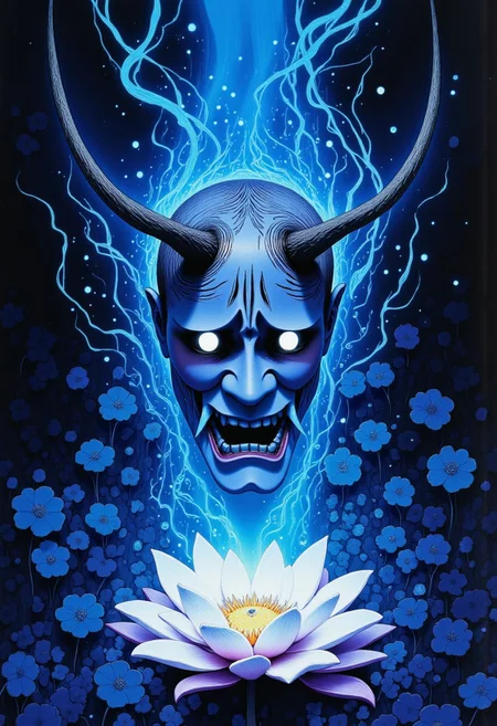 Studio Ghibli Dark Fairytale depicting a cursed hannya mask with horns and fangs blooming out of a blue lotus in a liminal bonsai garden with eerie radiating cyan and magenta miasma