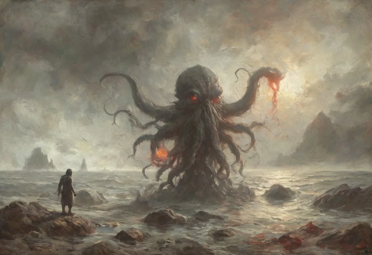a dark foreboding scene, a colossal ancient creature emerging from the depths of the sea, the creature has a massive tentacled form with glowing red eyes casting an eerie light, a lone figure holds up a red torch standing on the rocky shore, its light barely illuminating the surroundings, The atmosphere is heavy with tension the sea crashing violently against the rocks, the creature's immense size dwarfing the solitary human, lone figure against the ancient, otherworldly beast, color palette is dark, deep blacks and greys, high contrast, <lora:MJ52:0.5>, <lora:add-detail-xl:1>, <lora:ral-ertmsphr:0.5> ral-ertmsphr, cthulhu,
oil painting
