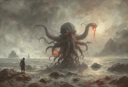 a dark foreboding scene, a colossal ancient creature emerging from the depths of the sea, the creature has a massive tentacled form with glowing red eyes casting an eerie light, a lone figure holds up a red torch standing on the rocky shore, its light barely illuminating the surroundings, The atmosphere is heavy with tension the sea crashing violently against the rocks, the creature's immense size dwarfing the solitary human, lone figure against the ancient, otherworldly beast, color palette is dark, deep blacks and greys, high contrast, <lora:MJ52:0.5>, <lora:add-detail-xl:1>, <lora:ral-ertmsphr:0.5> ral-ertmsphr, cthulhu,
oil painting