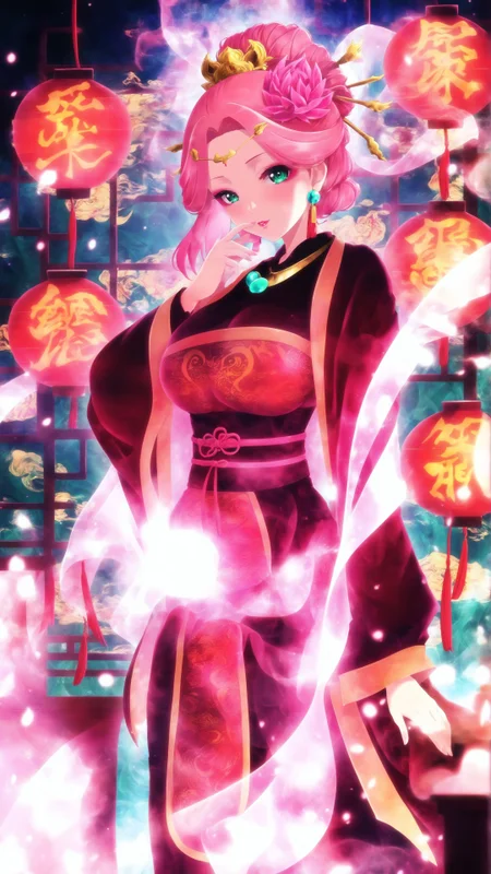 masterpiece, amazing quality, best quality, 1girl, gyokuyou, green eyes, earrings, hair ornament, hair flower, hair bun, pink hair, necklace, large breasts, makeup, chinese clothes, hanfu, harada miyuki style, abstract background, glowing, <lora:gyokuyou_kusuriya_no_hitorigoto-illustrious-v-1-3:0.8>, <lora:harada_miyuki_style-illustrious-v1-2:0.75>
