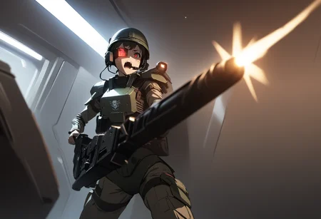 1girl, solo, <lora:United_States_Colonial_Marine_Corps_-_Aliens_SDXL:0.5> uscmc, colonial marine, alien \(series\), soldier, headset, headgear, scouter, military, uniform, armor, helmet, shouting, holding rifle, <lora:M56_Smartgun_-_Aliens_SDXL:1> m56smrt, aiming, firing, muzzle flash, science fiction, interior, machinery, dramatic lighting, cinematic angle, filmic, cinemascope, horror \(theme\), depth of field, (masterpiece), (best quality), (ultra-detailed), very aesthetic, perfect composition, intricate details, absurdres