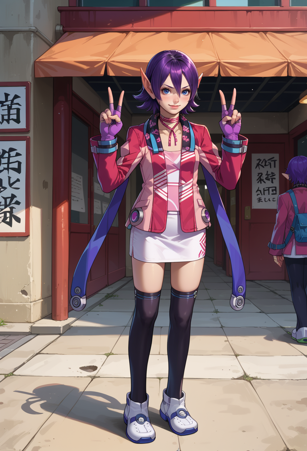 score_9, score_7_up, source_anime, BREAK  <lora:AEKaren:0.85> AEKaren, blue eyes, purple hair, hair between eyes, short hair, long pointy ears, ribbon choker, jacket, long sleeves, purple fingerless gloves, white miniskirt, pencil skirt, black thighhighs, zettai ryouiki, shoes,
standing, full body, smile, double v,