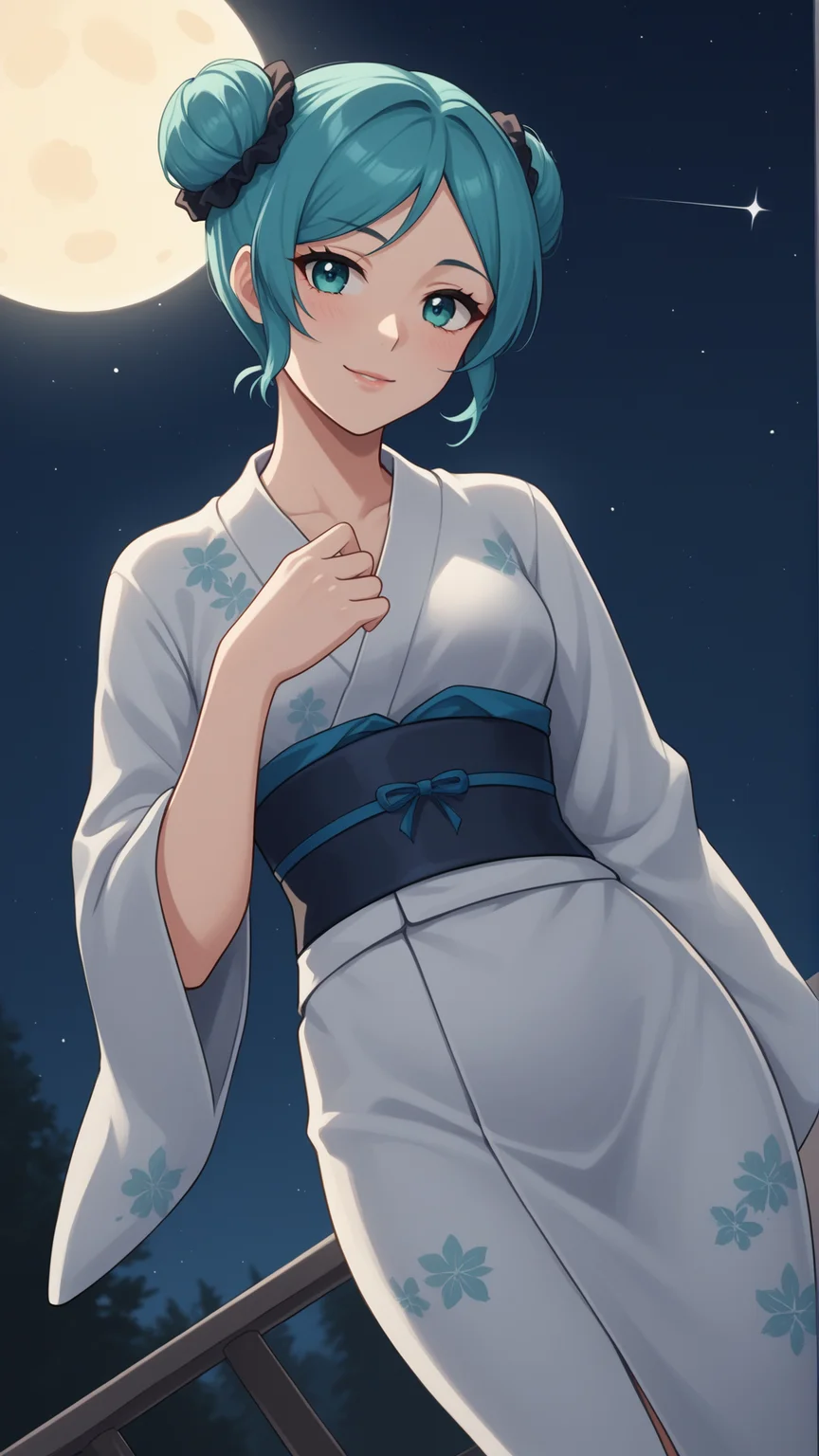 score_9, score_8_up, score_7_up, BREAK source_anime, best quality, masterpiece, ultra detailed,
<lora:Everlasting_Summer_Miku_by_GraffMetal:0.7>, miku, aqua hair, aqua eyes,1girl, solo, bang, bangs,
light smile, blush,
black eyeliner cat eye, pink lips, aqua short nails,
aurora, branch, cloud, constellation, crescent moon, double bun, dutch angle, fireflies, floral print, flower, full moon, galaxy, japanese clothes, kimono, milky way, moon, moonlight, night, night sky, obi, pine tree, sash, scrunchie, shooting star, sky, space, star \(sky\), star \(symbol\), starry background, starry sky, tree, twilight, yukata
amazing background, looking at the viewer, looking at the camera,